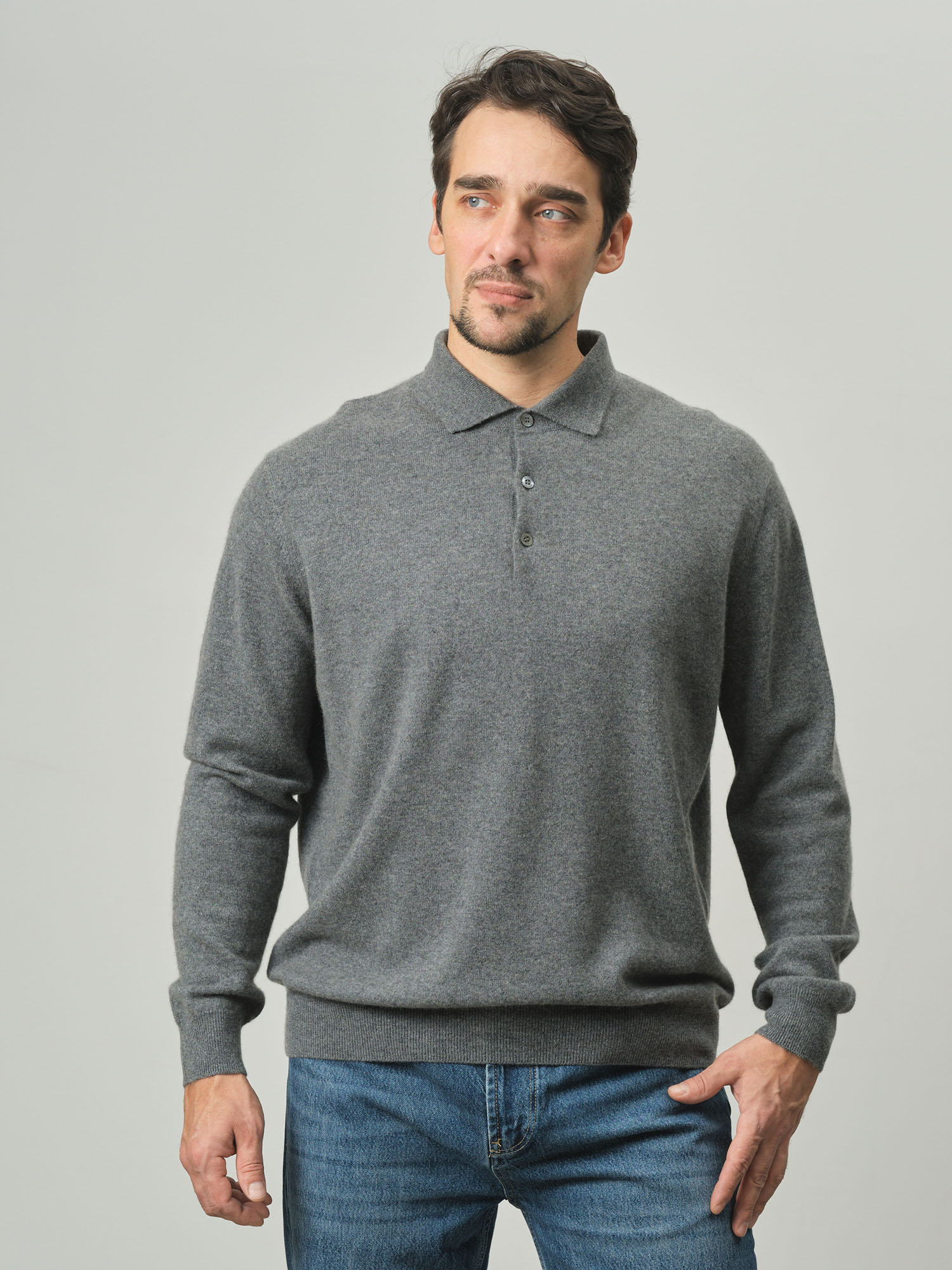 Джемпер-поло из кашемира мужской KM010140-E серый 25821₽