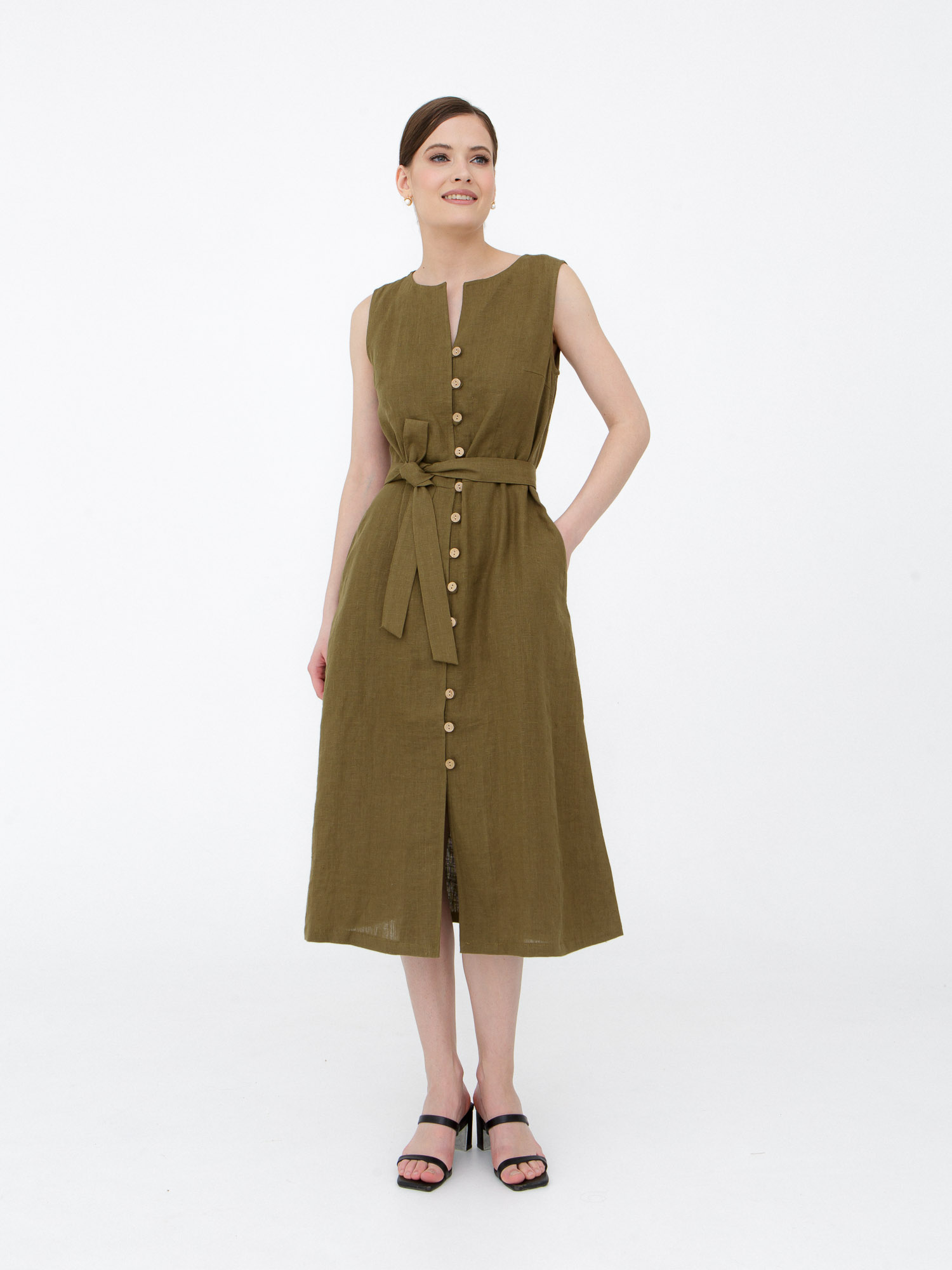 Платье из льна КЛ-7415-ИЛ23 темный хаки 5595₽