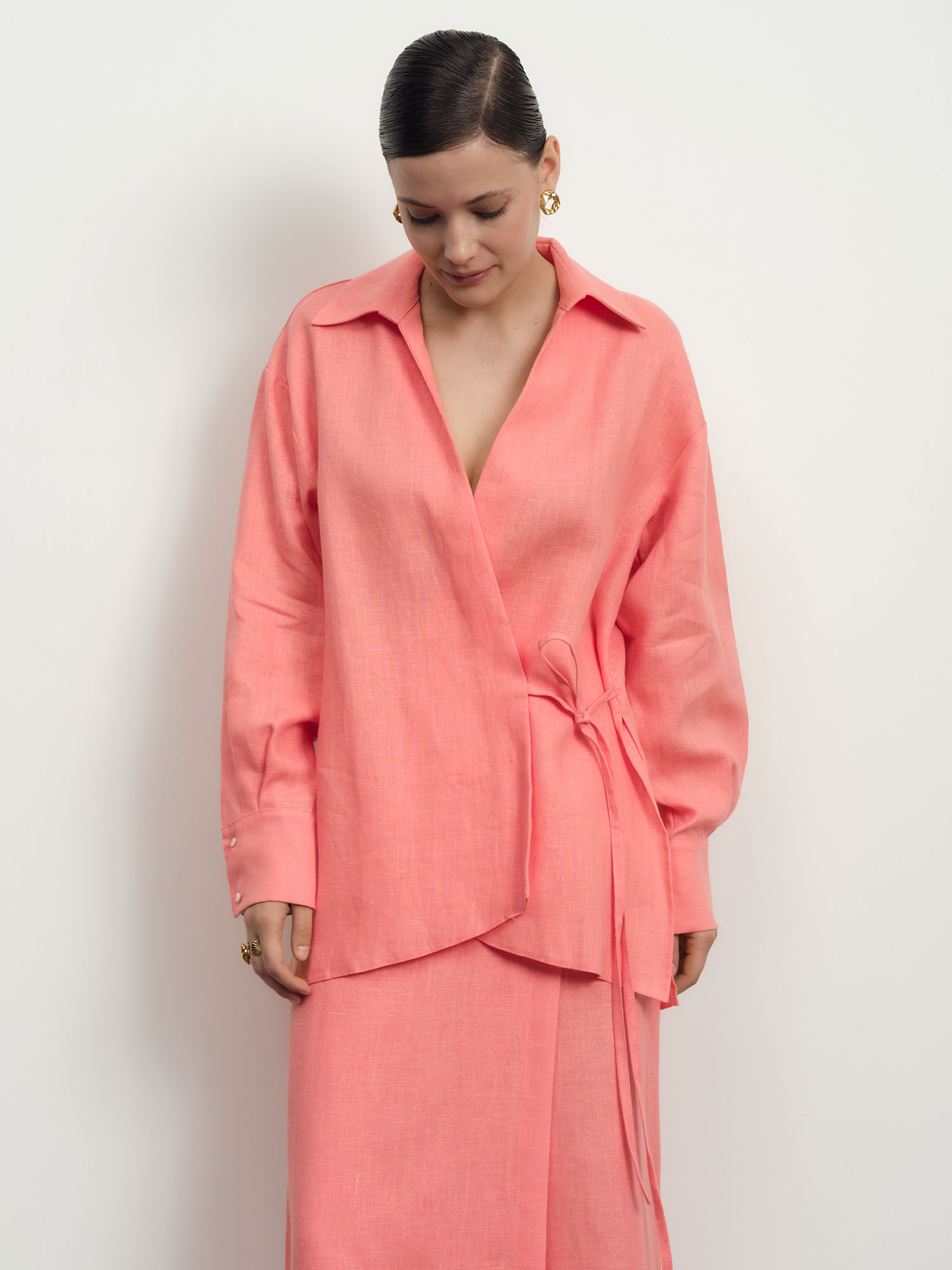 Рубашка льняная 80990 коралловая 7763₽